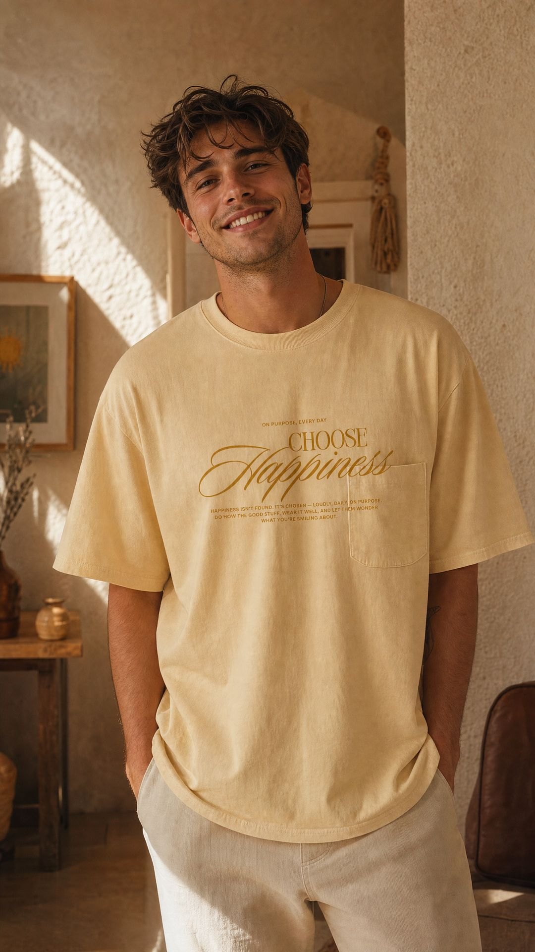 Smiling man in a sunlit room wearing a butter-yellow Penso tee reading Choose Happiness
