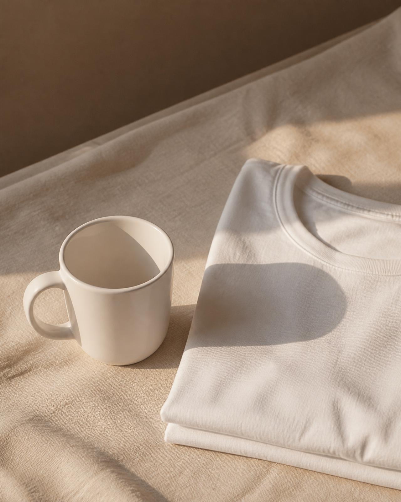 Ceramic mug beside a folded tee in warm morning light